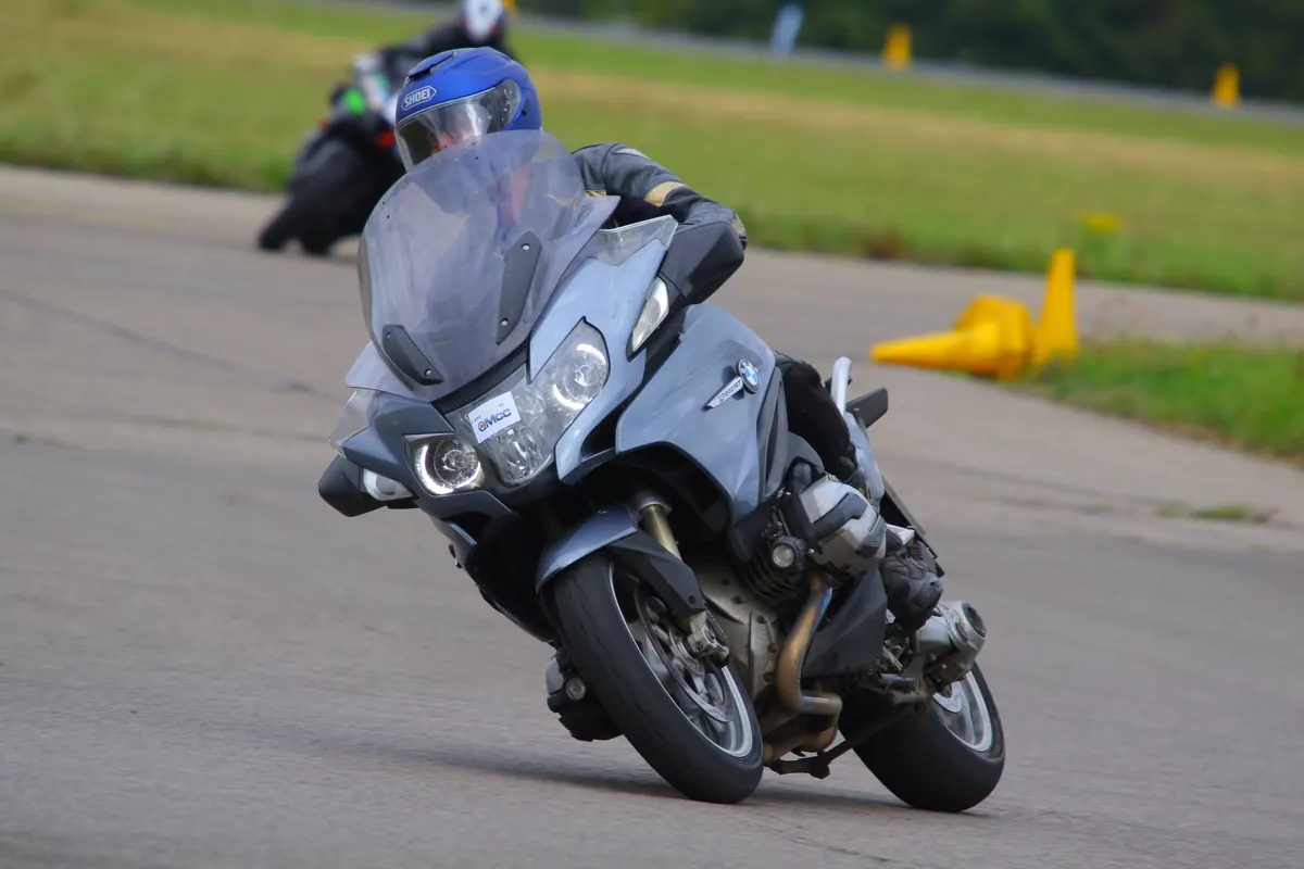 Mark cornering on a BMW touring motorbike