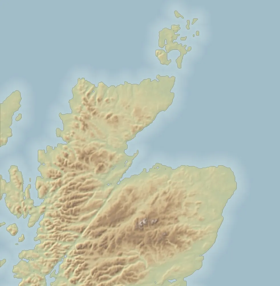 Shaded relief map of northern Scotland and Orkney